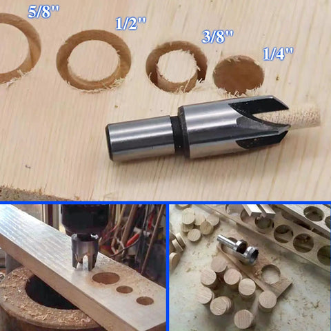 Heavy Duty Carbon Steel Wood Plug Cutter Drill Bit Set With Slick Straight And Tapered Dowel Hole Saw Blades shown on wood.