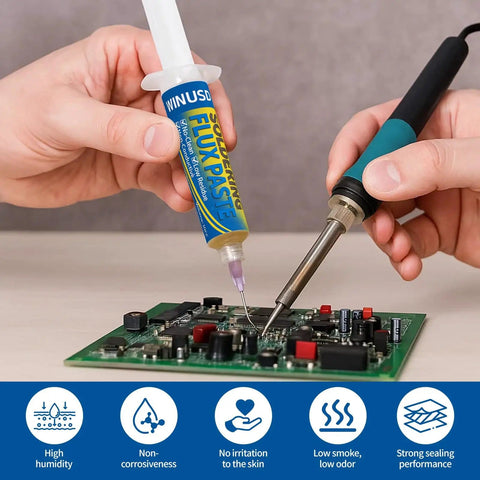 Person applying No Clean Rosin Soldering Flux Paste Pro Grade For Electronics Precision Soldering 2 Pack Handy Syringe 10cc on PCB.