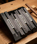 Kumiko Joinery Jig Set Four Piece Japanese Clamp Kit With Angled Guides for precision woodworking displayed on a wooden surface