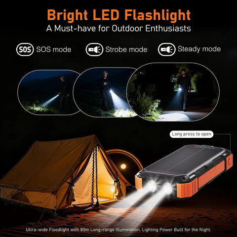 Ultra High Capacity Solar Power Bank On The Go 49800mAh With 22.5W Quick Charge And 15W Wireless, dual LED flashlight in use