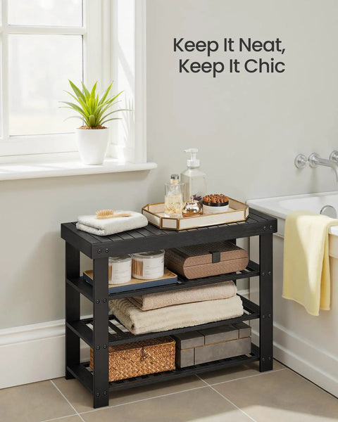 4 Tier Bamboo Shoe Rack Bench Organizer For Entryway And Living Room, Spacious Space-Saving No-Fuss Shoe Storage For 9 Pairs, Sturdy Black Finish, Easy Assembly, 11.3 x 27.6 x 20.5 Inches used for bathroom storage with towels and accessories on it.