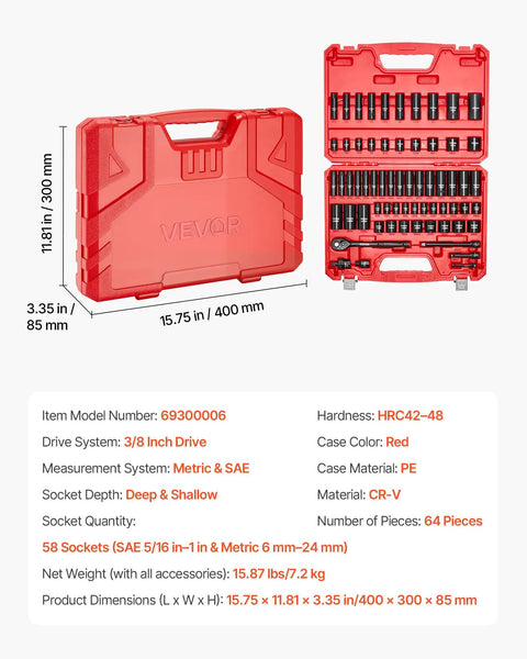 Pro Grade 3/8 Inch Drive Impact Socket Set, 64-Piece with Deep and Shallow 6 Point Sockets in red hard case