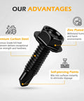 Hot Deal On 50 Black Hex Washer Head Self-Drilling Screws Size 14 Inch X 1 Inch Made From Top Tier Grade 8.8 Heat Treated Carbon Steel With Zinc Finish Heavy Duty Industrial Metal Fasteners For Tough Jobs close-up of black hex screw with zinc plating and self-piercing point features