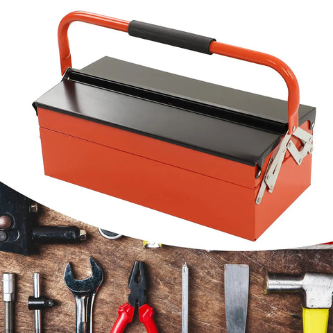 Portable Cantilever Toolbox With Retractable 3 Tray Metal Rolling Organizer For Heavy Duty Workshop Garage Storage, bright orange with black lid.