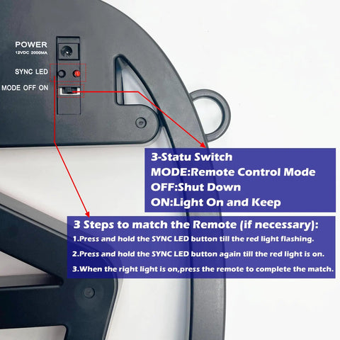 Close-up of LED Open Sign For Business With Remote Control, 12V power switch, mode options shown with remote setup instructions.