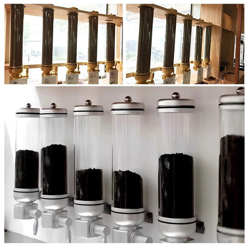 Killer Wall Mounted Coffee Bean Dispenser With Durable Aluminum And Clear Acrylic Canister Totally Airtight 5KG Storage Jar For Home Baristas Or Cafe Stash In Glossy Gold Two Pack displayed in a cafe setting.