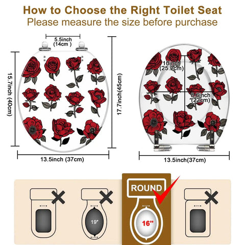 Toilet Seat Round Resin for Bathroom with rose pattern, dimensions 16" x 14.5"; measuring guide included.