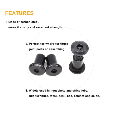 Close-up of Heavy Duty M8 X 40mm Hex Socket Cap Screws with countersunk nuts, showcasing carbon steel black finish for furniture assembly.