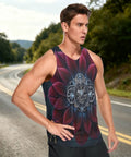 Dope Mens Sleeveless Fitness Vest With Hidden Stash Pocket And Retro Clockwork Graphic Premium Soft Moisture Wicking Mesh displayed outdoors.
