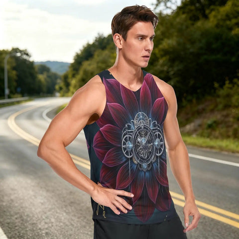 Dope Mens Sleeveless Fitness Vest With Hidden Stash Pocket And Retro Clockwork Graphic Premium Soft Moisture Wicking Mesh displayed outdoors.