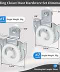 8 Pack Sliding Wardrobe Door Hardware Kit With Roller Wheels Round Recess Pulls Knobs Adjustable Hooks And Screws For Two Wood Doors Galvanized Steel Construction And Dual Floor Guides For Easy Smooth Operation shown with dimensions and details of roller wheels.