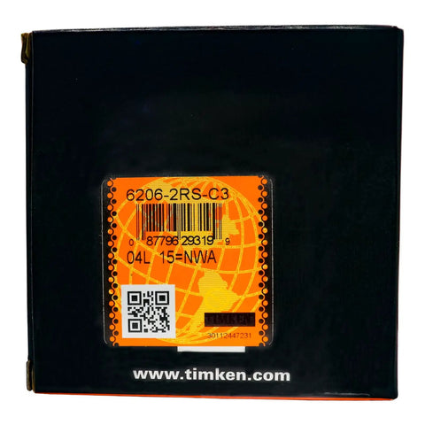 Box of 2 Pack 6206-2RSC3 Double Rubber Seal Ball Bearings with barcode and QR code