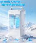 Portable Evaporative Cooler With 900ml Tank, Mini Air Conditioner Fan in snow with mist effect, ice cubes and snowy backdrop