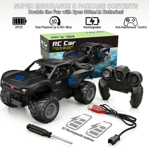 Amphibious 4WD RC Monster Truck With Waterproof Design, 1:16 Scale kit including truck, remote, batteries, and tools.