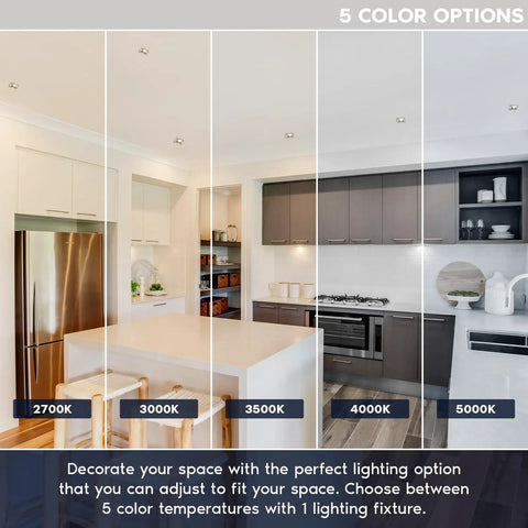 Six Pack 4-Inch Square Led Recessed Ceiling Lights With Integrated J Box And 5CCT Adjustable Warm To Cool White Dimmable Ic Wet Rated Fire Certified Build In Smooth Brushed Nickel Slick Finish showing five color options in modern kitchen.