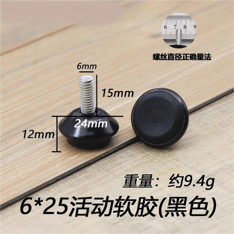 Close-up of 16 Pack Adjustable Furniture Leveling Feet, Tough as Nails Metal Levelers for Cabinets, Tables and Chairs, M6 x 15mm Threaded Screws, Heavy Duty, Anti Wobble Floor Levelers, Silver
