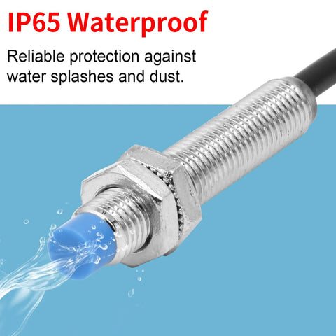 IP65 Waterproof M8 Inductive Proximity Sensor with water protection, showing 3 wire setup with 2mm sensing distance in use.