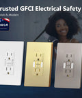 Brushed Nickel GFCI Outlet With Integrated LED Night Light Tamper Proof Receptacle stylishly displayed with gold and silver options.