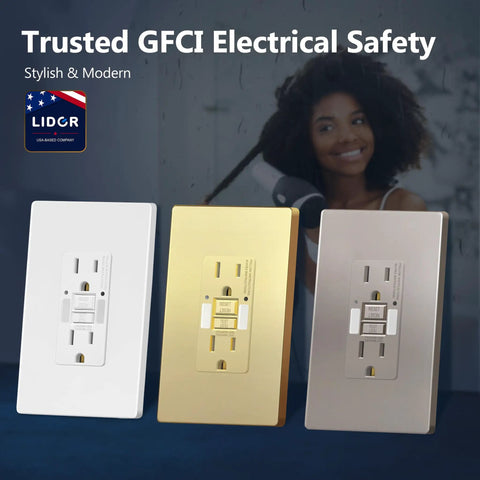 Brushed Nickel GFCI Outlet With Integrated LED Night Light Tamper Proof Receptacle stylishly displayed with gold and silver options.