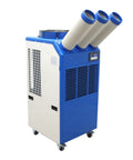 Heavy Duty Portable Air Conditioner That Kicks Butt On Roasting Days With Blistering 22178 Btu Cooling And Snappy 910 Cubic Meter Per Hour Airflow For Garage Workshops And Patios, shown with three air hoses.
