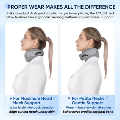Woman wearing Ultra Compact Chin Support Travel Pillow For Petite Travelers, Portable Memory Foam Neck Pillow With Washable Velvet Cover