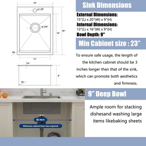 Dimensions and depth of Stainless Steel Bar Sink Drop In 15 By 20 Inch Topmount Single Bowl Workstation Kitchen Sink
