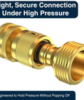 Close-up of Heavy Duty Brass Garden Hose Quick Connect Fittings Set With Leak Proof Seal Three Quarter Inch Water Hose Connectors for secure connection.