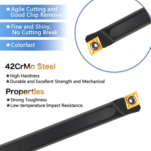 Front view of lathe threading tool holder with gold carbide insert on a black steel bar