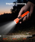 Flat USB C Rechargeable LED Flashlight With 6 Modes Ultra Bright Handheld Light in vivid orange being used outdoors at dusk