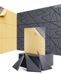 Self Adhesive Acoustic Panels For Walls 22 Pack Premium Soundproof Foam Tiles showing dark gray tiles with yellow backing for easy peel install.