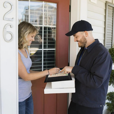 Customer signing receipt from delivery man holding package at front door.