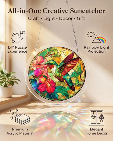 Jigsaw Puzzle Suncatcher Kit With 83 Pieces For DIY Stained Glass Window Art No Glue Needed showing colorful hummingbird design.