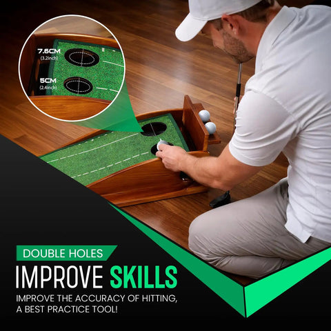 Man practicing on Indoor Putting Green With Auto Ball Return Pro Grade True Roll Mat At 10-11 Stimp Dual Precision Holes Alignment Mirror