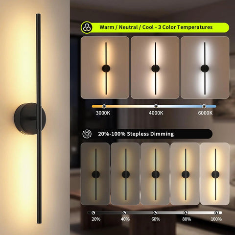 vidvic 28Inch Rechargeable Black Wall Sconces Set of 2 Dimmable and Remote with adjustable color temperatures.
