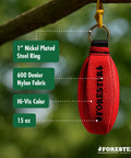 Red nylon throw bag from Pro Arborist Throw Line Kit with 1-inch nickel-plated steel ring, used for felling and pruning.