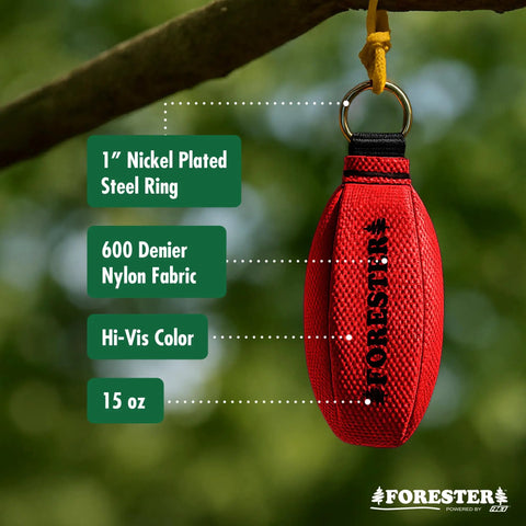 Red nylon throw bag from Pro Arborist Throw Line Kit with 1-inch nickel-plated steel ring, used for felling and pruning.