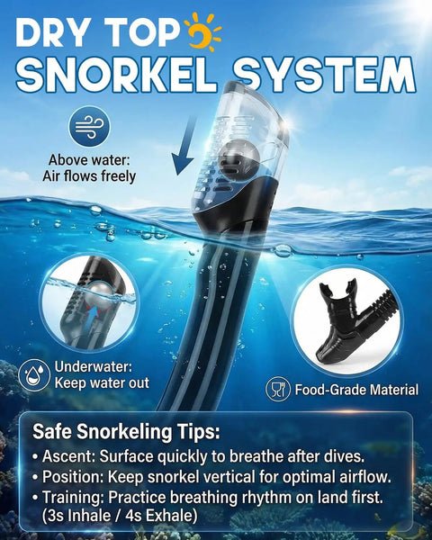 Diagram of dry snorkel system showing airflow, labeled sections, and snorkeling tips for the All-In-One Snorkel Mask Set With Dry Snorkel.