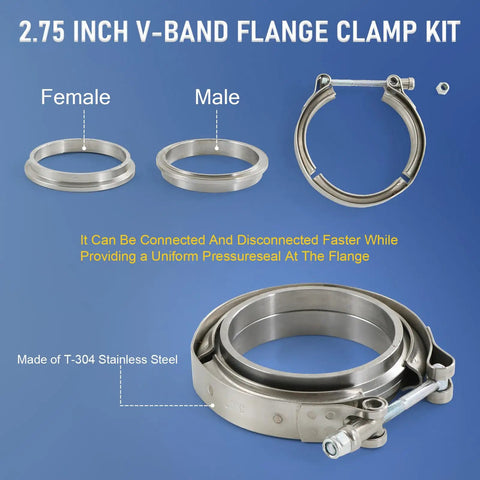 2.75 Inch V Band Clamp With Flange Stainless Steel Universal Turbo Exhaust Downpipe Connector Includes Male And Female Flanges Replacement V Band Clamp For High Performance Systems showing clamp and flanges
