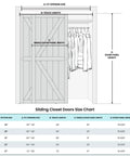 Diagram of Closet Sliding Barn Doors Set with Double K Shape Panels, 72 Inches By 80 Inches, size chart for modern closets.