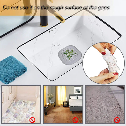 Square Silver Grey Hair Drain Catcher With Strong Suction Cup in a modern sink, demonstrating its use and care instructions.