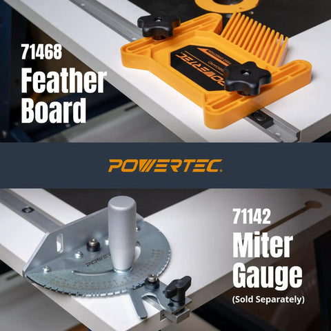 POWERTEC 71468 Feather Board and 71142 Miter Gauge displayed on benchtop.