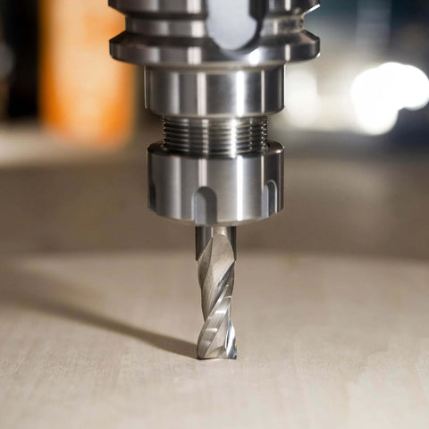 SpeTool 1/2in shank upcut spiral CNC router bit, 1/2in cutting diameter, solid carbide end mill; close-up view