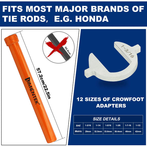 Side view of orange Limontek inner tie rod removal tool with 1/2 in drive tube and 12 crowfoot adapters.