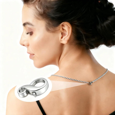 Woman wearing a silver chain with Gold And Silver Brass Lobster Clasp Extenders Set For Everyday Jewelry, hypoallergenic, infinity shape