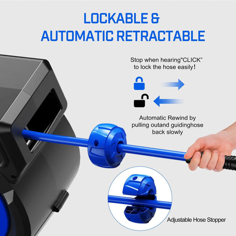 Close-up of lockable and automatic retractable feature of 80 Ft Retractable Air Hose Reel Ultimate Garage Workhorse For Air Compressors 300 Psi Max 3 8 Inch Hybrid Tubing.