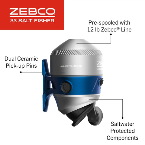 Salt Fisher 33 Spincast Reel And Rod Combo For Saltwater Inshore Fishing, 6 Foot 6 Inch Two-Piece Medium-Heavy Power Rod, Blue And Silver