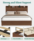 Queen Size Bed Frame With Storage Headboard And Two Drawers Mid Century Modern Platform Bed Featuring Built In Charging Station And Smart Shelf Solid Wood Slats Support No Box Spring Needed A Totally Hassle Free Pick with EVA foam headboard and slats support.