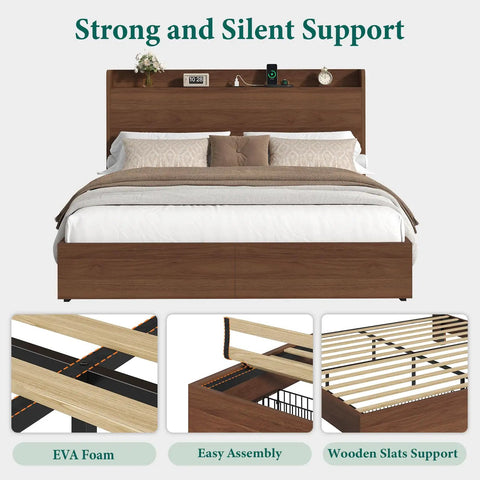 Queen Size Bed Frame With Storage Headboard And Two Drawers Mid Century Modern Platform Bed Featuring Built In Charging Station And Smart Shelf Solid Wood Slats Support No Box Spring Needed A Totally Hassle Free Pick with EVA foam headboard and slats support.