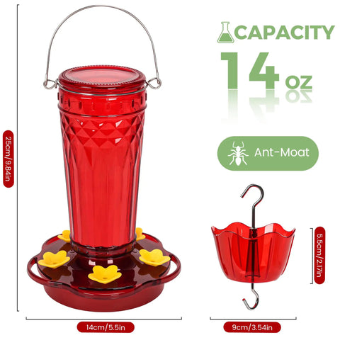 Two Pack Glass Hummingbird Feeders, 14 Ounce Capacity, Five Feeding Ports, Wide Mouth For Easy Filling And Cleaning, Red