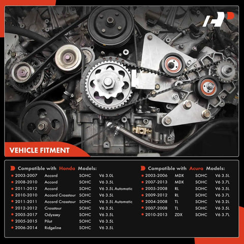 Timing Belt Kit With Water Pump For Honda Accord Crosstour Pilot Odyssey Ridgeline And Acura MDX RDX TL RL TSX ZDX 3.0L To 3.7L V6 Plug And Play OE Quality Replacement Parts With Durable Bearings And Easy Install showing engine components and compatibility chart